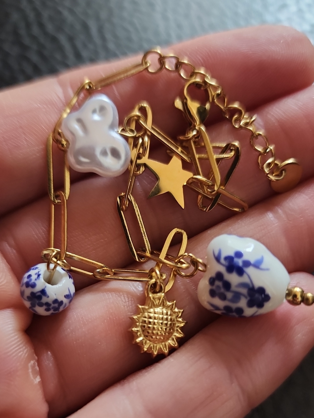Gold Tone Stainless Steel Chain Bracelet with Blue Floral Porcelain Charms